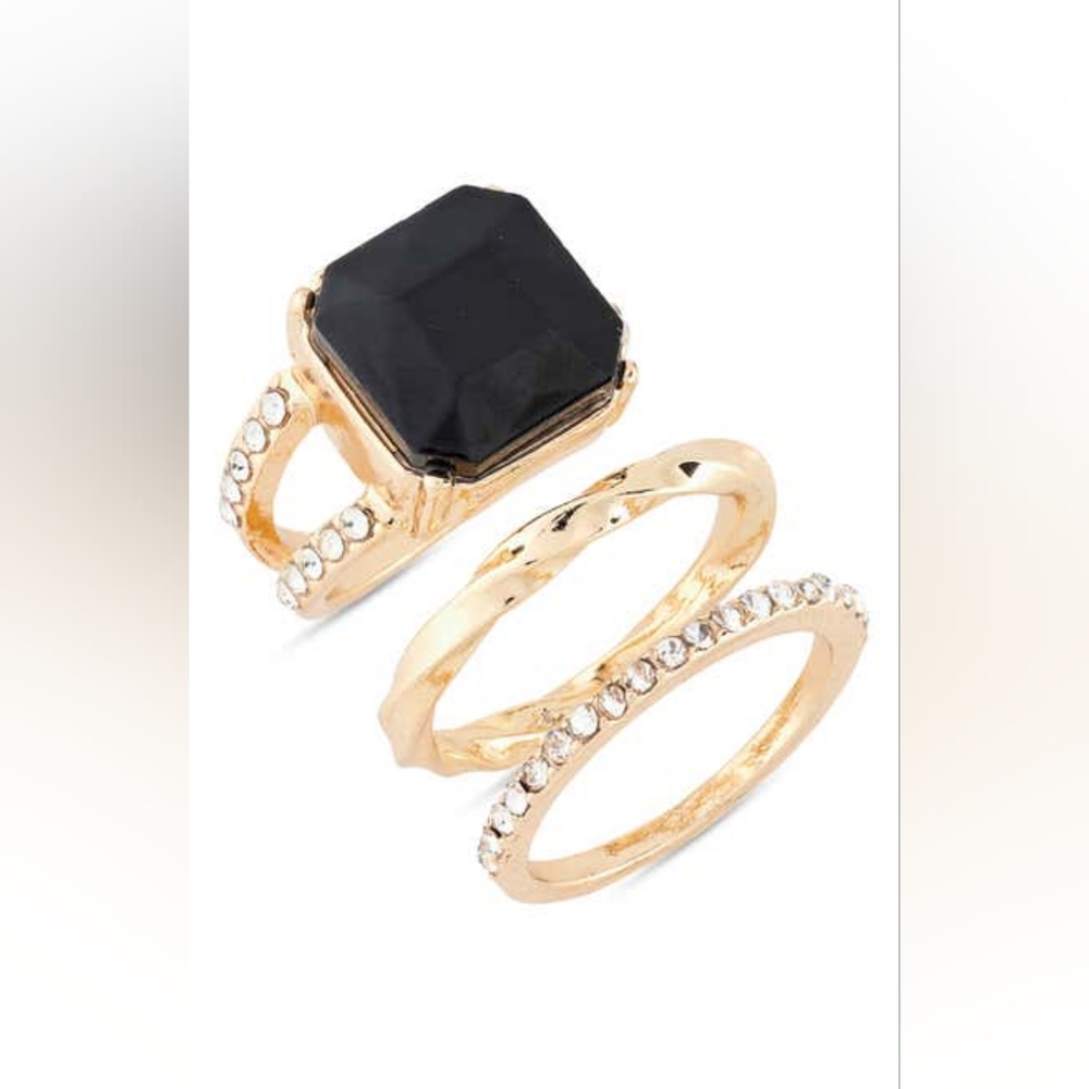 NORDSTROM RACK Set of 3 Crystal & Cushion Stone Rings, CLEAR- BLACK- GOLD